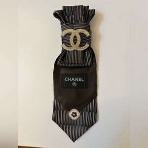 Black and Silver Striped Tie with Logo